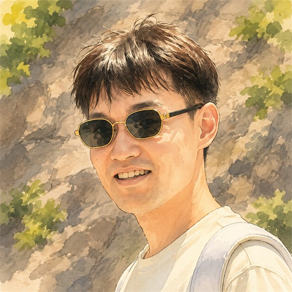 Watercolor portrait of Jiawei Zhang wearing sunglasses outdoors